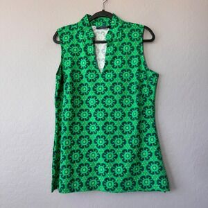Katherine Way XL Sleeveless Mandarin Collar Top Green Geometric Made in USA